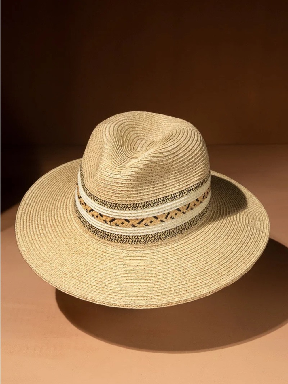 Wide Brim Straw Sun Hat in Natural with Black & Tan Trim